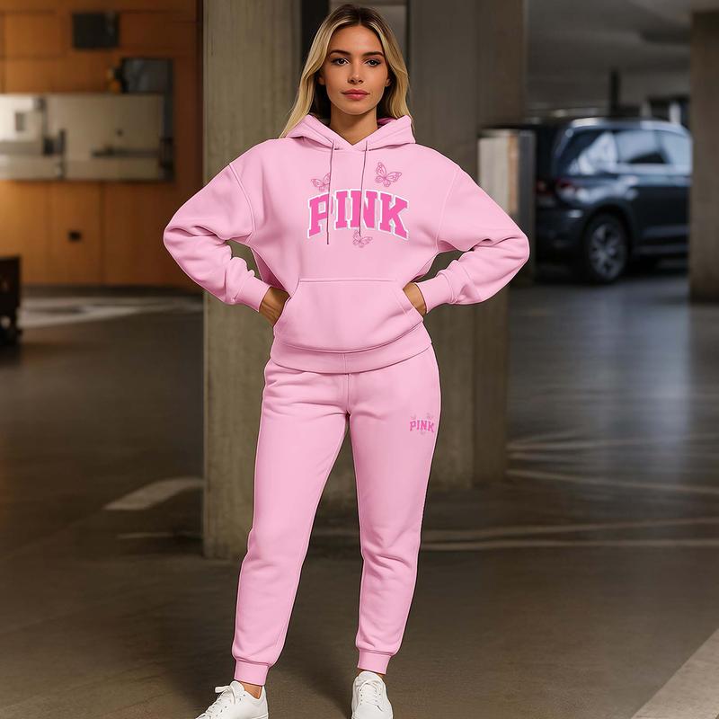 Women's Pink Butterfly Print Lips Print Hair And Sunglasses Hoodie And Drawstring Track Pants Set, Casual Sportswear, Long-Sleeved Hooded Jacket And Pants, Suitable For Autumn And Winter,  Indoor And Outdoor Sportswear, Casual Sportswear.