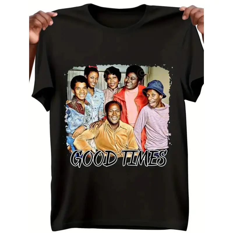 Men's Good Times Vintage Graphic T-Shirt 100% Cotton Relaxed Fit Short Sleeve Tee with Retro TV Show Character Print & "Good Times" Text - Black Casual Casual Attire Machine Washable