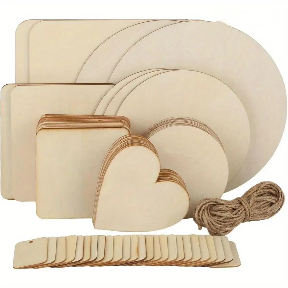 [Summervibes] 65 Pcs Untreated Wooden Board for Crafts,Round Square Heart-Shaped Wooden Discs Blanks Pyrography Painting Writing Staining Wooden Plate Set for DIY Crafts,Party Decor,Christmas Gifts,Hand Tools Kits