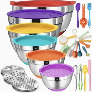 Premium Stainless Steel Mixing Bowl Set - 6 Nesting Bowls with Airtight Lids, 3 Grater Attachments & Non-Slip Bases (26-Piece Complete Kitchen Set)