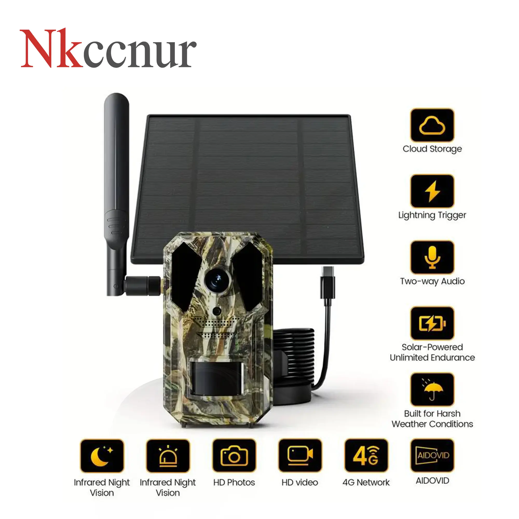 Nkccnur 4G Trail Camera IPX65 Waterproof Solar HD Video with Tree Stand Audio & Motion Alerts for Smartphone App Control
