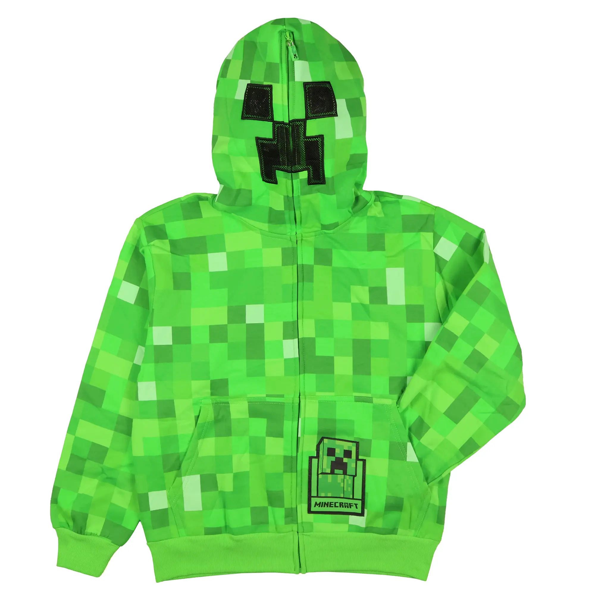 Mad Engine Minecraft Boys' I Am Creeper Allover Pixel Design Big Kids Full-Zip Hoodie Rubber Creeper Zipper Pull