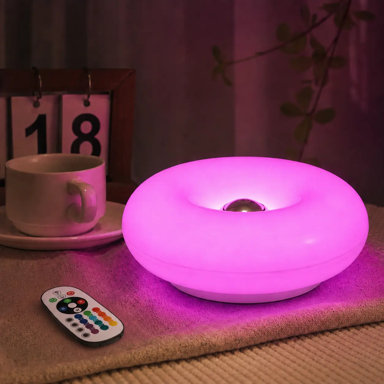 3-in-1 Donut LED Nightstand Lamp: Touch Switch, Stepless Dimming, Adjustable Color Temp & RGB Ambient Light. USB Rechargeable for Bedroom, Desk & Everyday Decor.