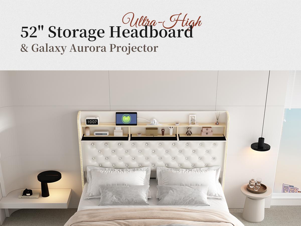 Sibeds Queen LED Bed Frame with Bookcase Storage Headboard, Galaxy Star Projector, 2 Storage Drawers, Noise-Free, Tall Tufted Headboard, No Box Spring Needed, PU Leather Black,Modern Design Home Interior Furniture