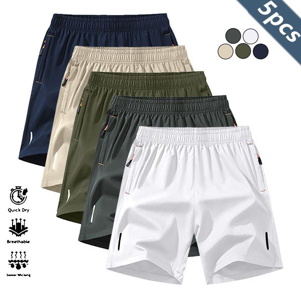 Men's Solid Color Zipper Pocket Shorts - Summer Casual Comfortable Breathable Three-Quarter Pants, Everyday Wear Men's Bottoms, Pack of 5