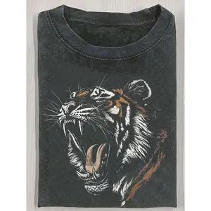 Retro-Style Tiger Portrait Print 230g Heavy Wash Batik Double-Sided Printing Short-Sleeved T-Shirt, Men's Crisp Short-Sleeved T-Shirt, Outdoor Sweatshirt, Vintage Wash, 100% Cotton