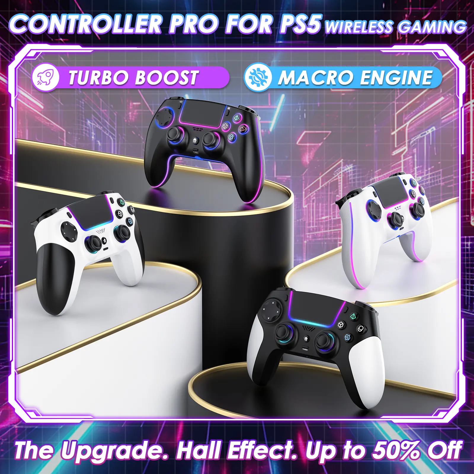 Wireless PS5 Controller with Hall Effect Joystick, Anti-Drift RGB Gamepad for PS5/PC/Steam Deck