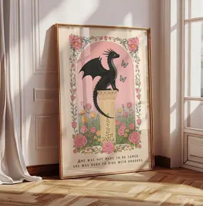 [Sale off up to 50%] [Free ship] [No Frame] Fantasy Dragon Print, She Was Born to Ride with Dragons Quote, Bookish Wall Art, Fantasy Book Readers, Pink Floral Poster, Dragon Lover Gift