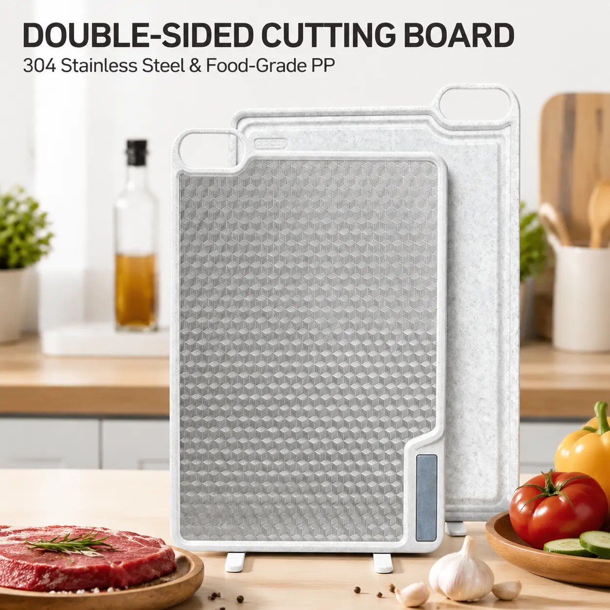 Double Sided Cutting Board, 304 Stainless Steel & Food-Grade PP Chopping Board with Built-in Knife Sharpener & Garlic Grater, Standable Hangable Design for Dorm Back to School