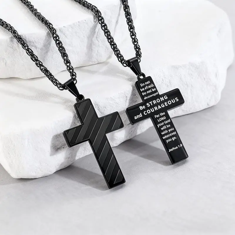 Men's Cross Pendant Necklace – Stainless Steel Square Chain, Inspirational Bible Verse Engraved, Personalized Christian Gift for Men, Hip Hop Punk Style