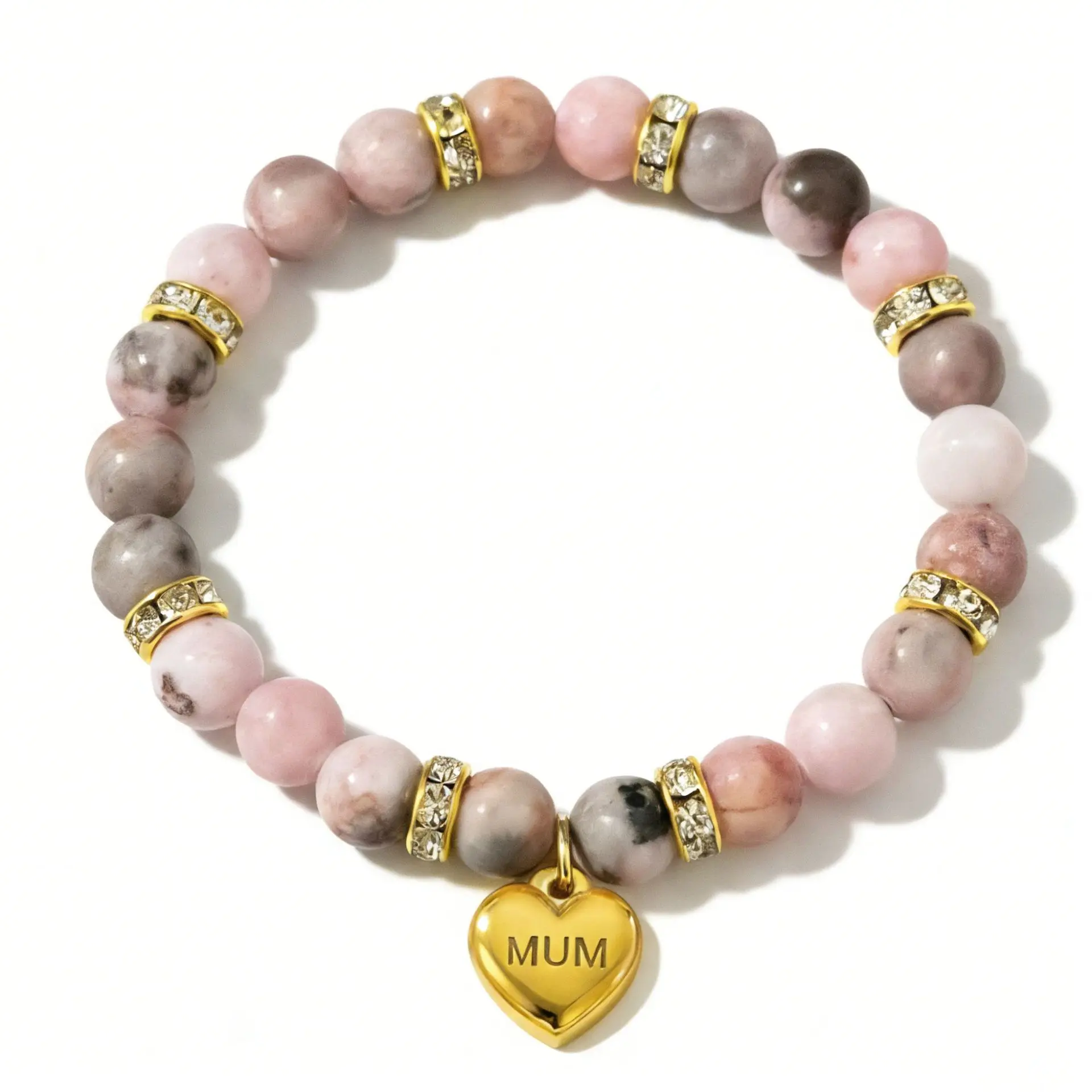 Women's Pink Jade Stone Beaded Heart Bracelet - Elegant Stretch Costume Jewelry with Gold-Accent 'MUM' Inscribed Heart Charm, Casual Mother's Gift, Jade Stones, Jewelry Gifts, Female, Heart Charm With 'Mum' Inscribed