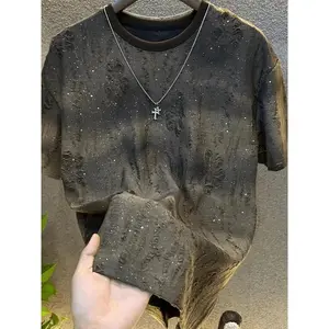 Men's Short-Sleeved T-shirt Summer Ripped Starry Sweater Gradient Loose Pullover Menswear Top Graphic Tee Streetwear Tshirt Crewneck