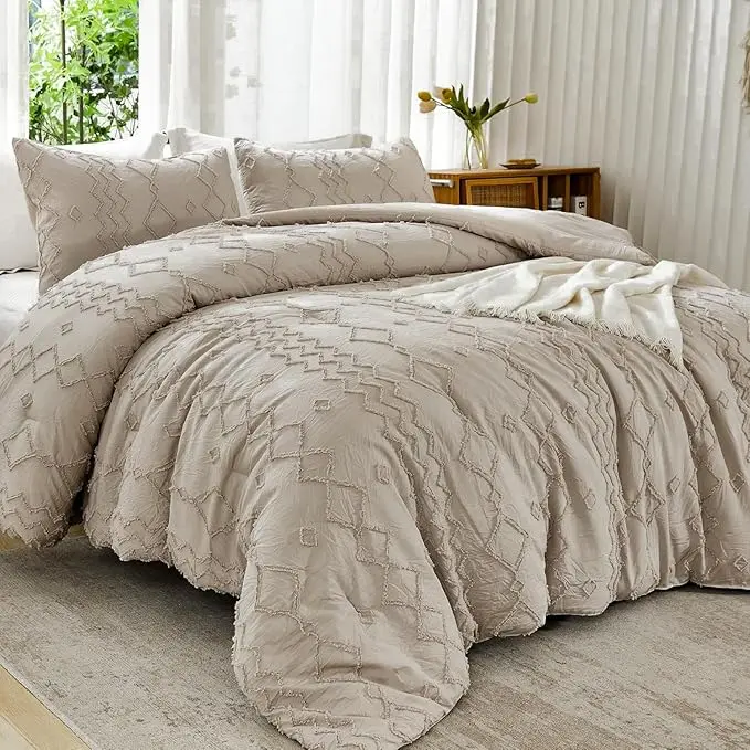 Andency Boho Queen/King Comforter Set 3 Pieces  Decorative Bedding Set Farmhouse Shabby Chic Embroidery Bedding GentleSoft Breathable for All Seasons Gifts
