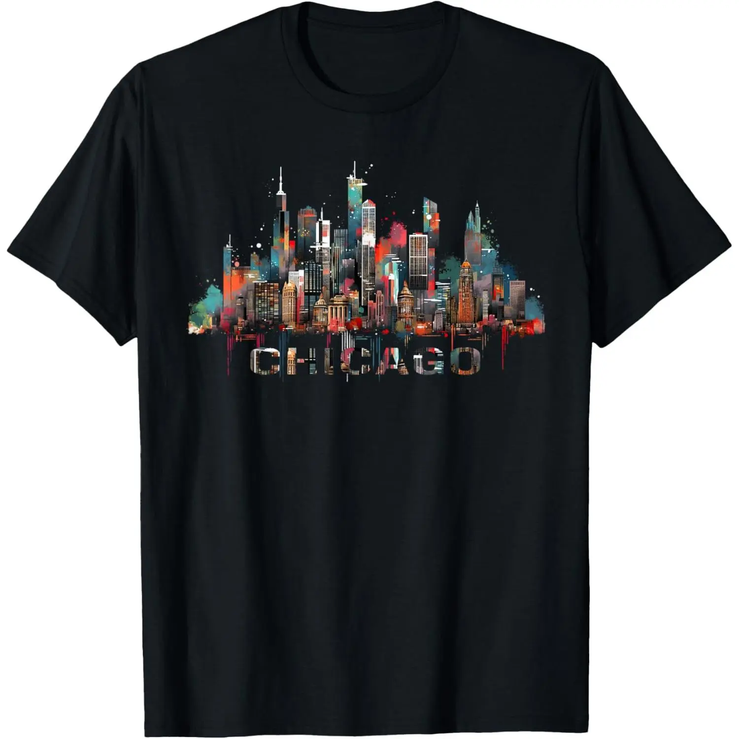 Men's Chicago Skyline Graphic T-Shirt in Soft 100% Natural Cotton, Casual Short Sleeve Streetwear Top Ideal for Sensitive Skin, Menswear, Moisture Absorbent, Cityscape Print, Round Neck, Regular Fit, Crew Men's Short-Sleeve T-Shirts, Cityscape Men's Short