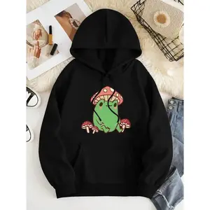 Women's Frog & Mushroom Print Drawstring Hoodie, Fashion Casual Hooded Sweatshirt for Daily Wear, Women Clothing for Fall & Winter Fabric Loose