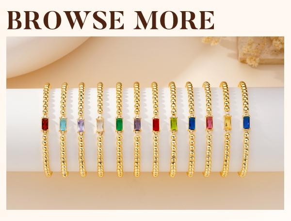 Turandoss Birthstone Beaded Bracelet for Women - 14K Gold Plated Bead Elastic Bangle Bracelets Trendy Friendship Birthday Jewelry Gifts for Women