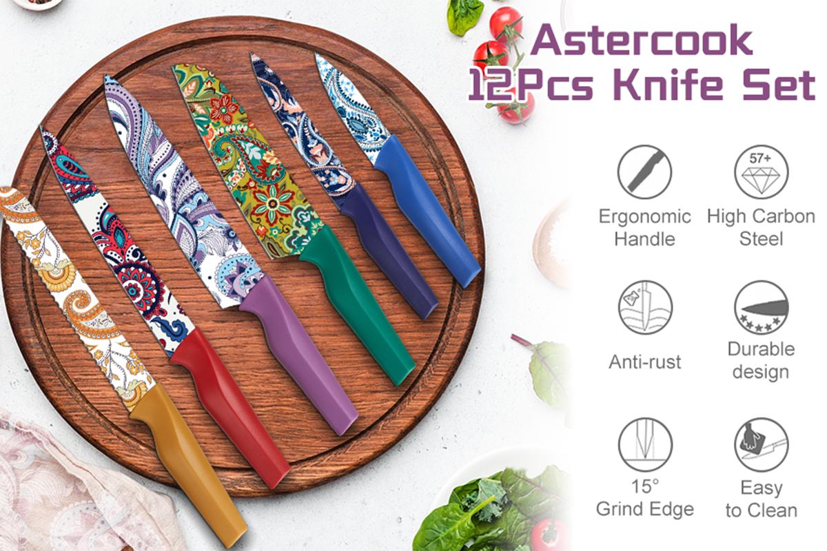 Astercook Paisley Knife Set – Cook with Love, A Thoughtful Valentine’s Day Gift for Home Cooks, 6-Piece Colorful Kitchen Knife Set Utensils Breadknife Kitchenware Block