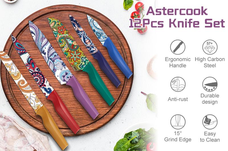 Astercook Paisley Knife Set – Cook with Love, A Thoughtful Valentine’s Day Gift for Home Cooks, 6-Piece Colorful Kitchen Knife Set Utensils Breadknife Kitchenware Block