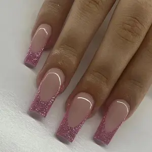 Long Square Pink Glitter French Tip Press Ons
