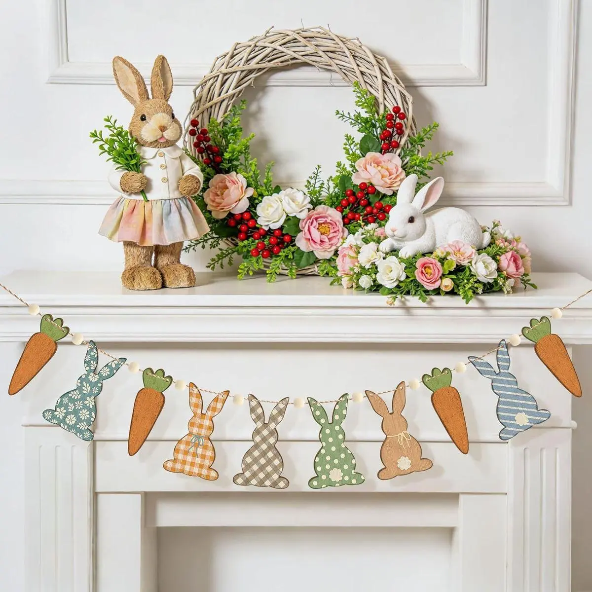6.56 ft Easter Garland Wooden Bunny Banner Cute Rabbit Garlands with ...