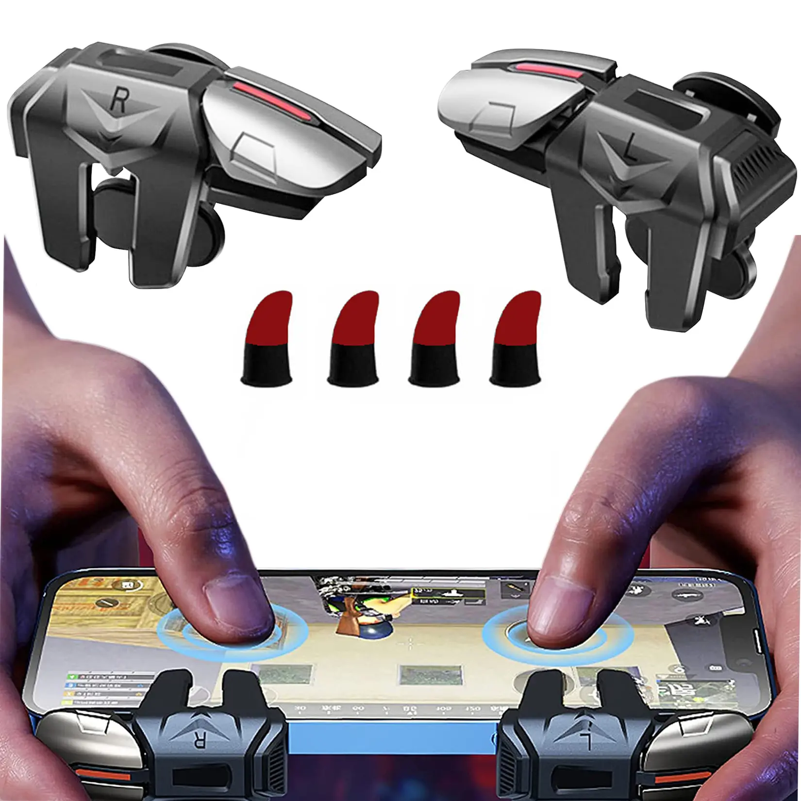 PUBG Mobile Game Trigger with 4 Finger Sleeves, L1/R1 Shooter Triggers for FPS Games, Physical Buttons for Knives Out, Arena of Valor, Call of Duty Mobile, Android & iOS Compatible, Black & Red Combo