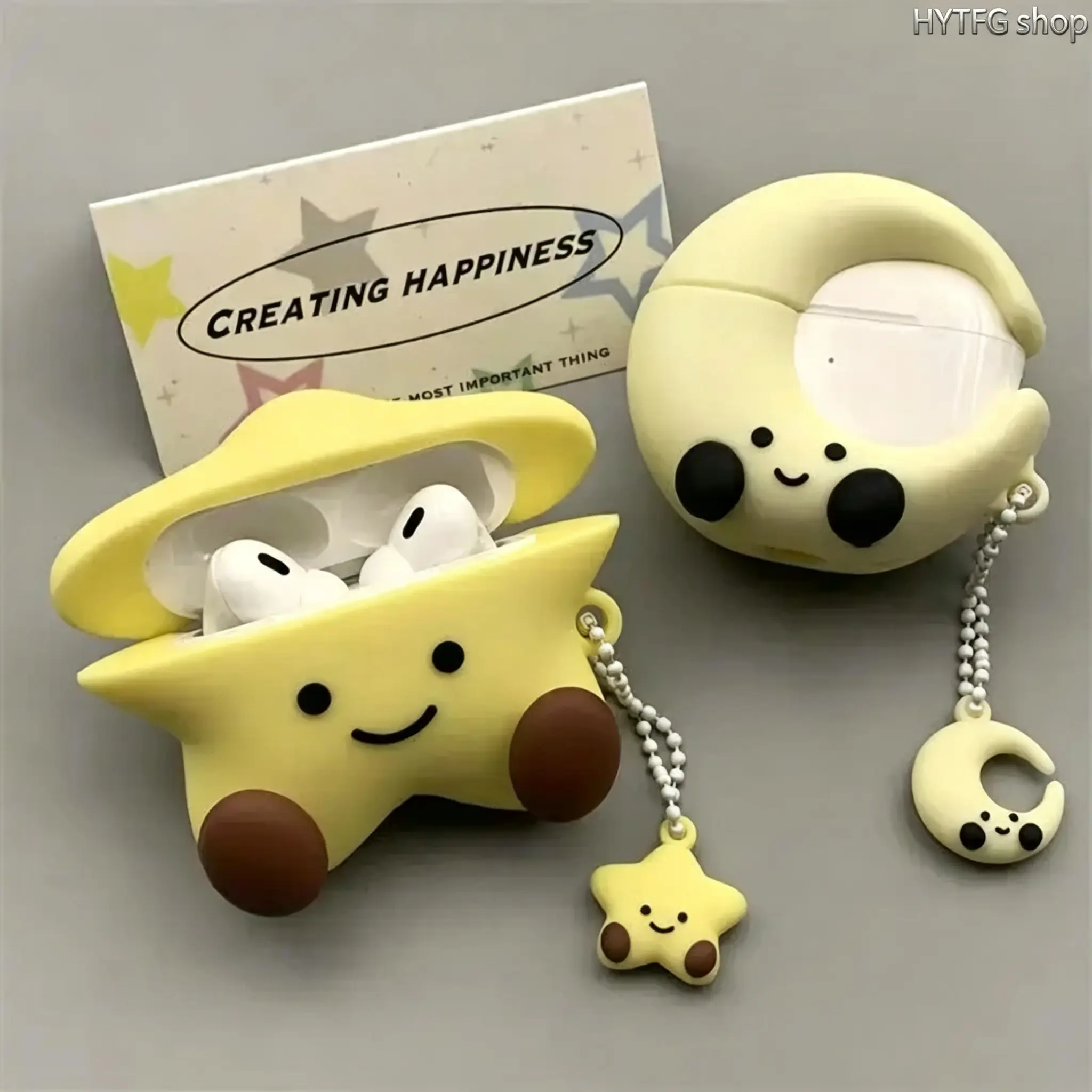 Cute Cartoon Star Earbud Case, Soft Silicone Shock‑Absorbing Cover, Detachable Moon Charm, Slim Dust‑Proof Anti‑Drop Shell, Multi‑Size Fit for Wireless Earbuds, For Daily Commute Travel & Casual Outings, Only Protective Case Included