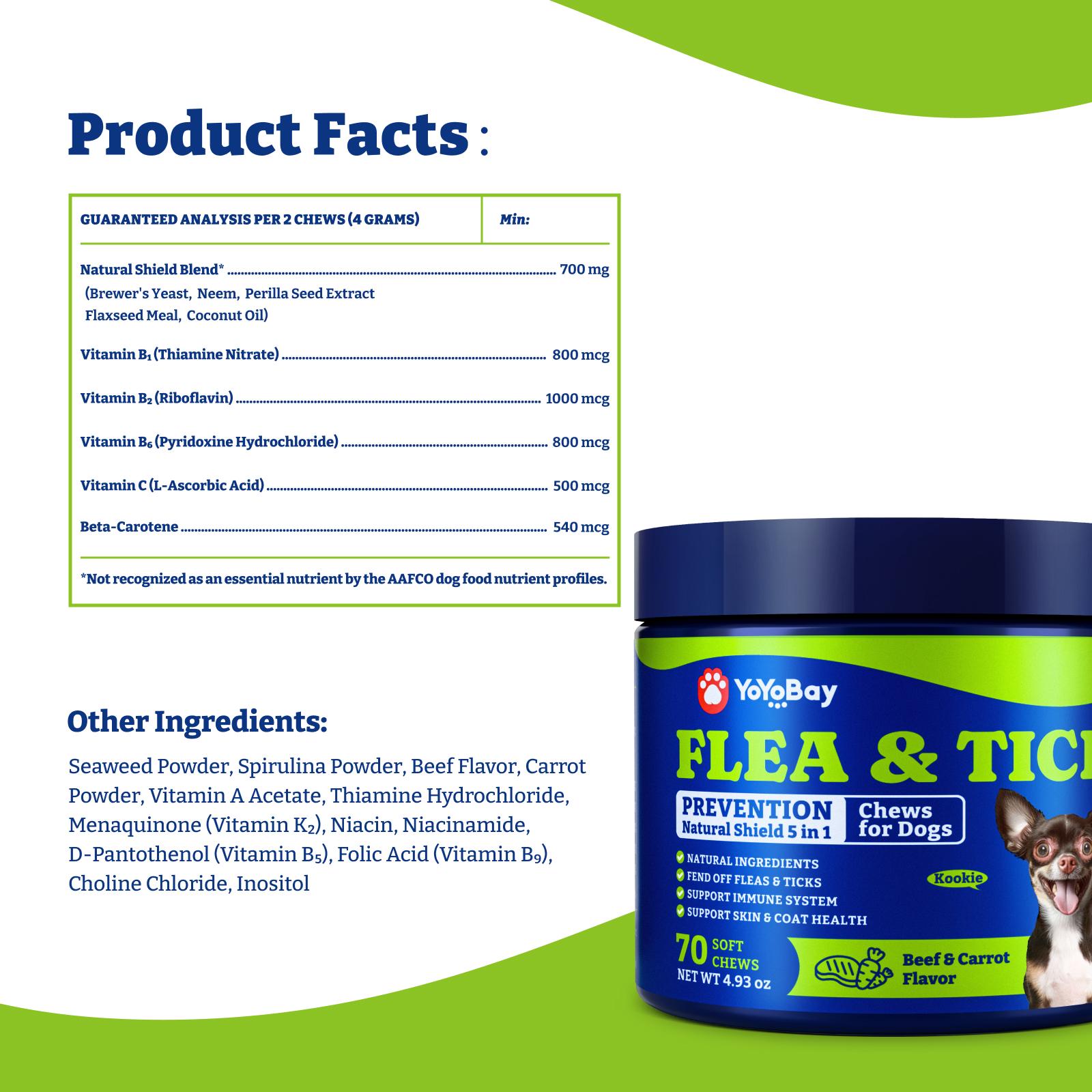 Flea and Tick Support Chews for Dogs, YoYoBay Natural Dog Fleas and Ticks Support Soft Treats, Natural Shield 5-in-1 Protection, Beef & Carrot Flavor, Duck & Pear Flavor, 70 Soft Chews