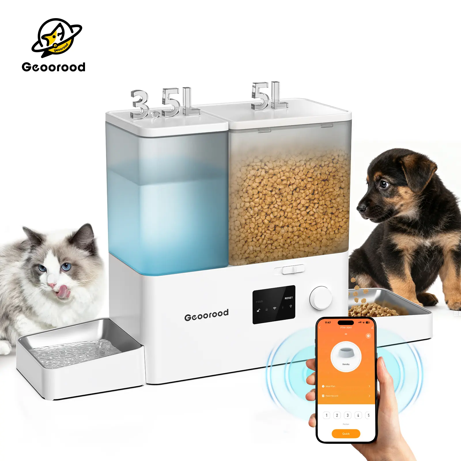 Geoorood 2-in-1 Automatic Pet Feeder & Gravity Dispenser Set with Stainless Steel Bowls - 8.5L/36Cups Food Capacity, Customizable Feeding Plan, Auto Filling, Easy Cleaning for Cats Small Dogs, Power Supply, 3.5L, 5L Food,back to school