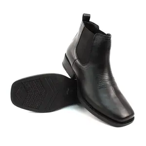 Mens Black Western Chelsea Cowboy Ankle Boots Square Toe Pull On Leather Block Heel