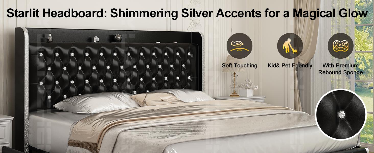 Queen LED Bed Frame Galaxy Projector  White Noise Bluetooth Music speaker,  , 46“ Tall Headboard with USB Charging ,  No Box Spring Required and No Mattress Included，Upholstered Bed with Wood Slat Support, Velvet