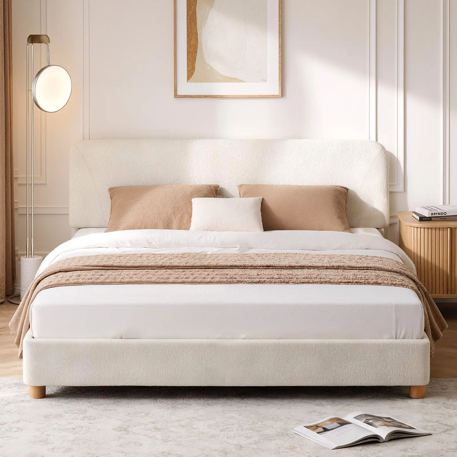 BERRY NEST Cloud Bed Frame - Fabric Upholstered Boucle Fabric Textured Weave Headboard, Solid Wood Legs, Rounded Edges, Easy-Up Assembly, No Noise Platform Bed (Twin,Full,Queen,King Sizes, Cream, No Mattress), Fabric Upholstered Headboard, Queen Size Bed,