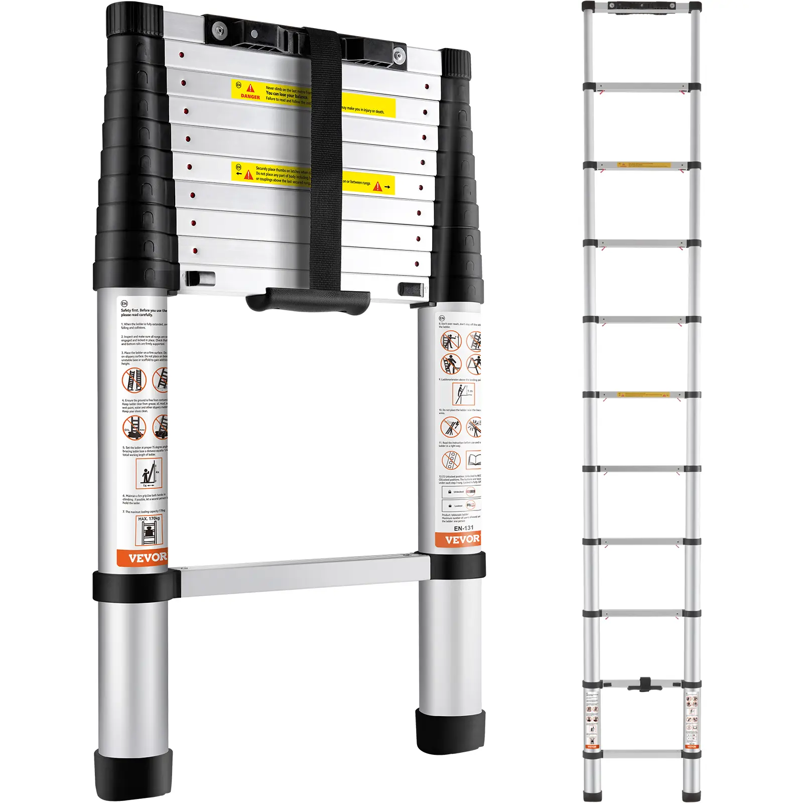 【Summerfinds】VEVOR Telescoping Ladder, 10.5 FT Aluminum One-button Retraction Collapsible Extension Ladder, 375 LBS Capacity with Non-slip Feet, Portable Multi-purpose Compact Ladder for Home, RV, Loft, ANSI Liste