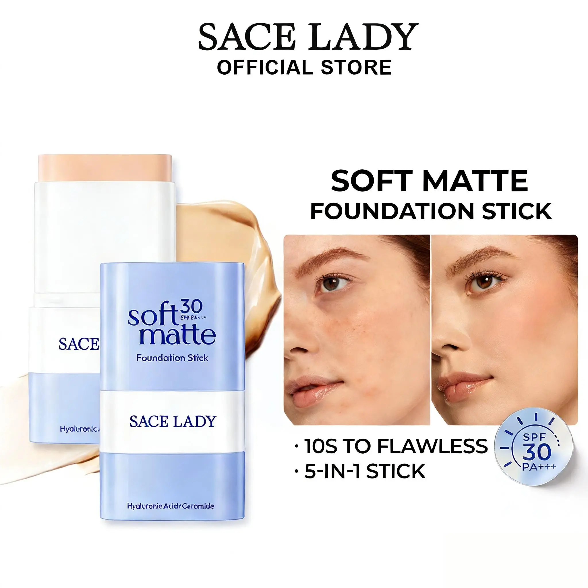 SACE LADY 5-in-1 Soft Matte Foundation Stick with Built-in Brush, Buildable Coverage, Ceramide and Hyaluronic Acid Infused, Portable Makeup