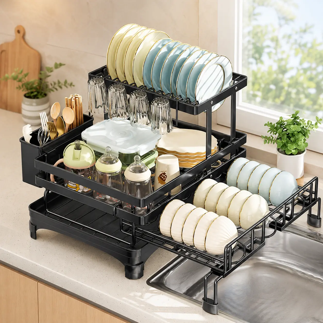 【Summer Deals】 Foldable Over Sink Dish Drying Rack  Pull-Out 2-Tier Dish Drainer with Utensil Holder  Space Saving Kitchen Organizer for Small Kitchens