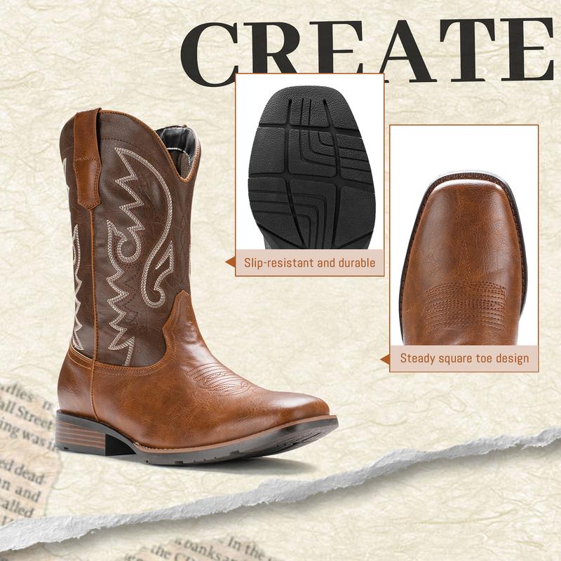 Cowboy Boots For Men with Wide Square Toe Western Retro Boot Durable Classic Fashionable Embroidered Pull On Slip Resistant Boots