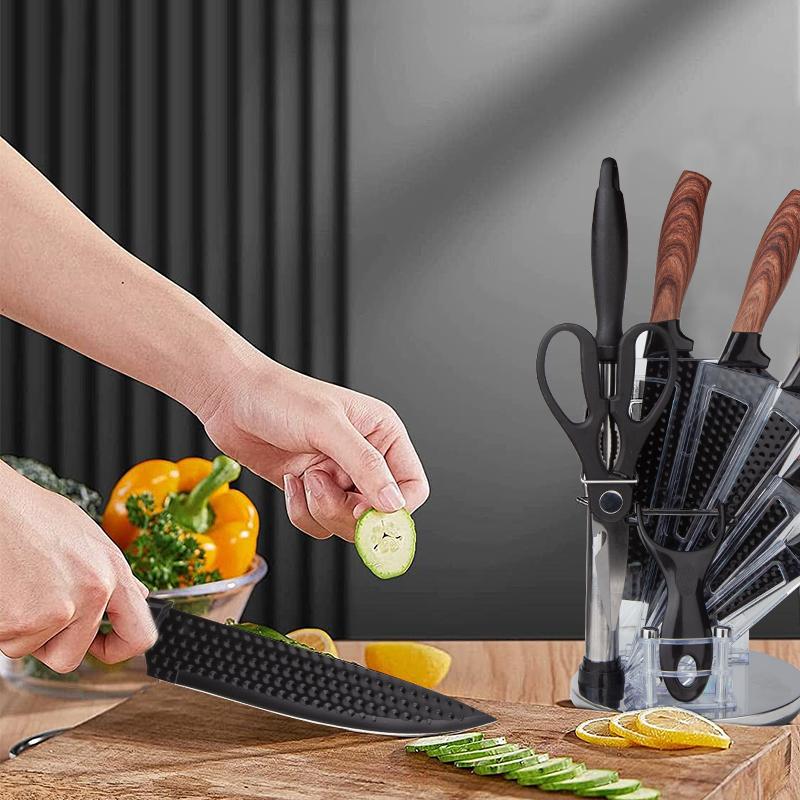 9-Piece Kitchen Knife Set - Black Chef Knife Set with Sharp Blades, Non-Stick Stainless Steel Cooking Knives Set, Ergonomic Wood Grain Handle, Aesthetic Kitchen Knives,Meat Knife Block