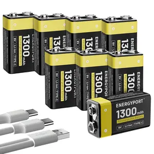 ENERGYPORT 8-Pack Rechargeable 9V Batteries, 1300mAh 9 Volt Lithium-ion Long Lasting Power, USB-C Recharge with 2 in 1 Charging Cable for Smoke Alarms,Multimeters,Microphones,Walkie-Talkie,Toys