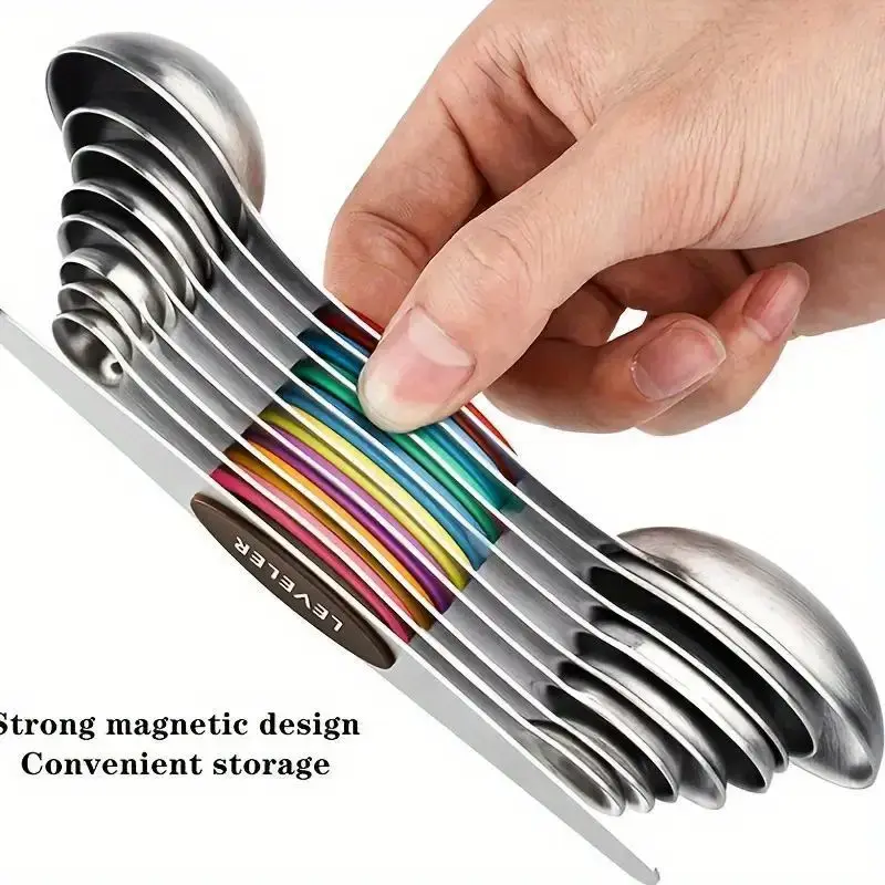 9-Piece Metal Stainless Steel Magnetic Measuring Spoon Set with N45 Strong Magnets, Sturdy Heavy-Duty Built-In Leveler, Accurate 0-500ml Markings, Universal Spice Jar Fit, Oval Tin Storage, Professional Kitchen Tool Utensils Accessory