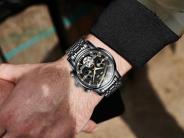 OLEVS G6607 Men's Self Winding Automatic Mechanical Tourbillon Watch Stainless Steel Luminous Waterproof Luxury Dress Wristwatch with Bracelet and Gift Box