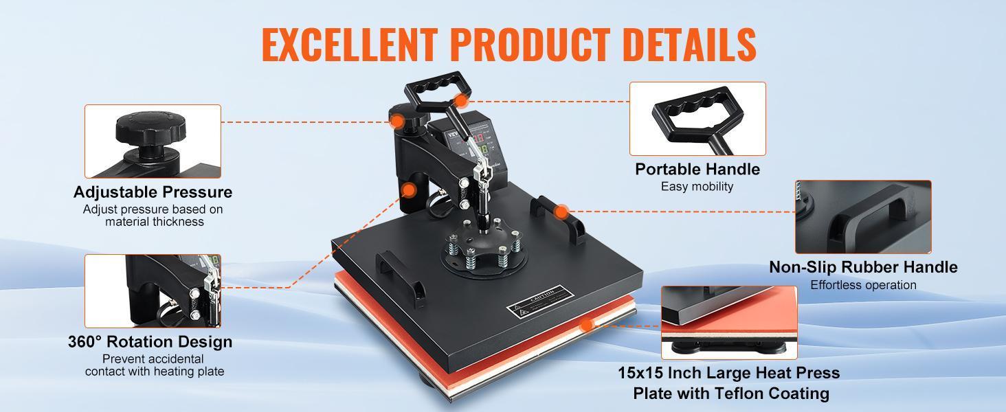 VEVOR 2-in-1 Heat Press Machine with Hat Press, 360° Rotation Flat-Curve Design, Digital Precise Control, Fast Even Heating for Clothing Printing, Fabric Printing, Sublimation, Black