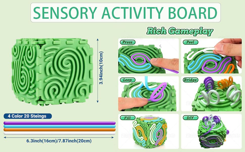 Sensory Activity Board, Six-Sided Silicone Sensory Fidget Toy with 20 Strings for Autism, Stress Relief, Calming, Focus & ADHD,Great for 3+ Year Old, Stuffers Gifts for Teen Girl