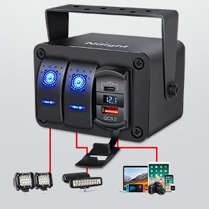 Nilight 2 Gang Rocker Switch Box 12V SPST ON Off Switch PD Type C and QC 3.0 USB Charger Voltmeter Waterproof Aluminum Rocker Switch Panel DIY Stickers for Boats Cars RVs Trucks