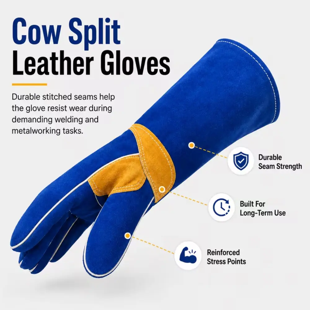 PAKNADA 14" Cow Leather Welding Gloves, Heat & Flame Resistant Work Gloves with Kevlar Stitching, High Toughness for Industrial & Outdoor BBQ Use