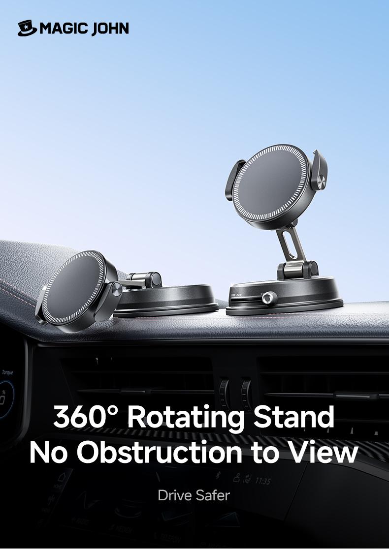 New - MAGIC JOHN Clip-On Car Phone Holder, Strong Magnetic Grip, Non-Slip Foldable Stand, 360° Adjustable, for Car Navigation & Home Use — Works with or without Magnetic Phones
