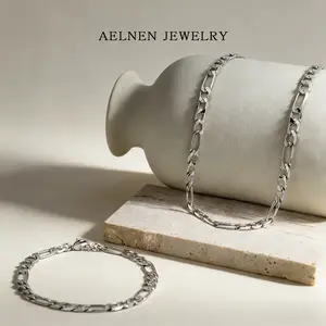 AELNEN Curb Chain Silver Jewelry Set - Minimalist Chunky Silver Necklace & Bracelet Set - Sleek Everyday Chic Statement Jewelry - Gift For Her