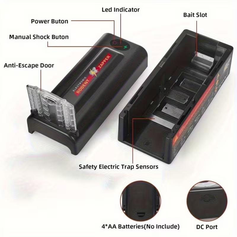 Enhanced Voltage Rat Trap,in-/Outdoor Electric Rodent Trap, Instant Kill Mouse & Rat Zapper with Waterproof Cover, Light Alarm, and Batteries Source,  Black