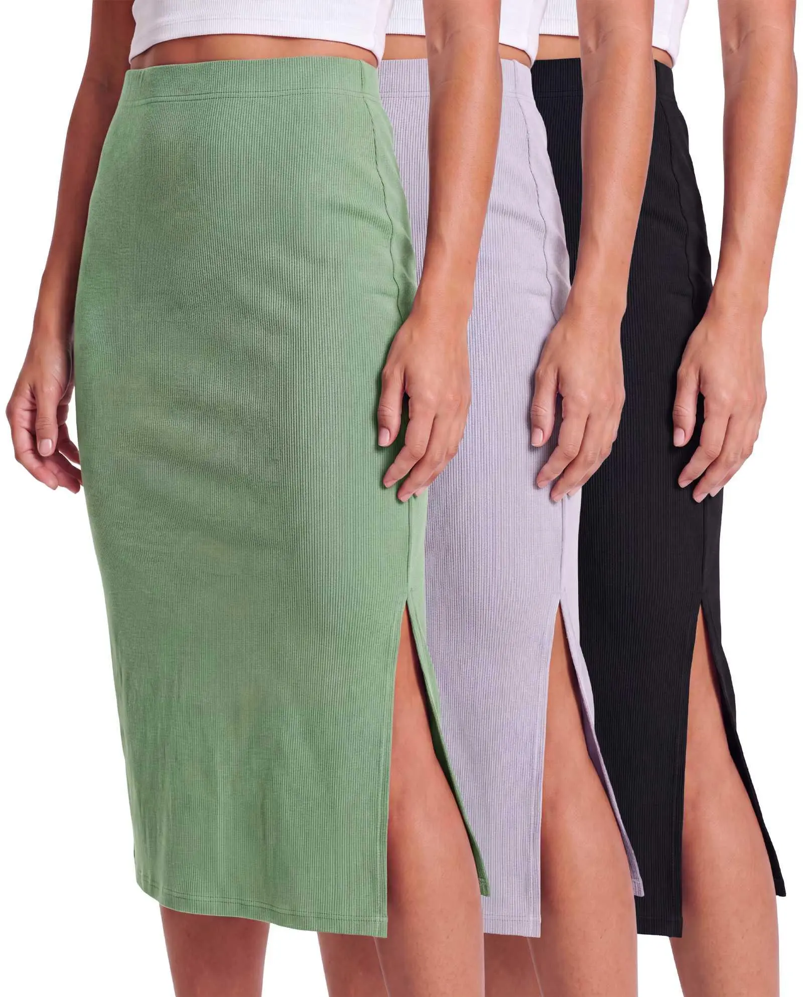 Real Essentials 3 Pack: Women's Midi Ribbed Knit Skirt with Side Slit - Stretchy Work Business Casual Pencil Pull-On Skirts