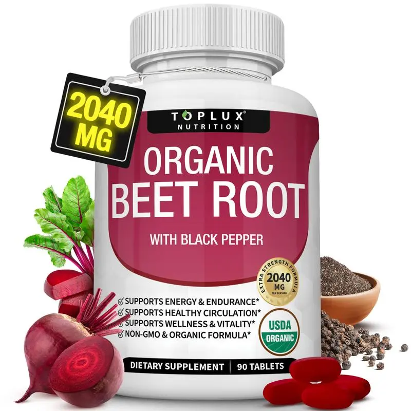 Toplux Organic Beet Root Tablets, 2040mg High Potency Nitric Oxide Booster with Black Pepper Extract, Gluten-Free, USDA Organic Non-GMO, Supports Circulation, Cardiovascular Health, Energy, 90 Vegan Dietary Vitamin Tablets for Men & Women