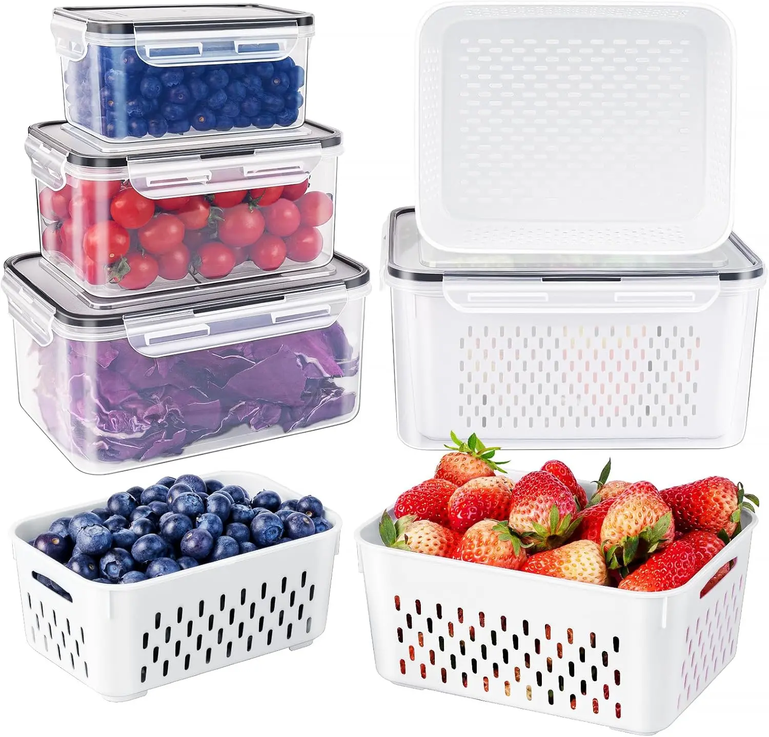 4-Piece Airtight Insulated Food Storage Set with Removable Colander & Latch Lids, Salad Spinner & Fruit Organiser for Meal Prep Ideas, Packing Lunch for My Kid, Washing Produce, Dishwasher-Safe Fridge Saver for All Ages