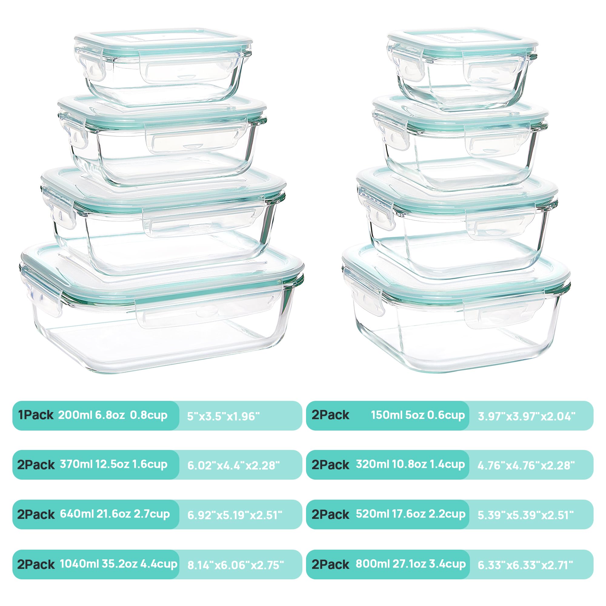 [Video Only] Vtopmart 18 Pack Glass Food Storage Containers with Lids -Stackable Design for Kitchen Utensils Oven Microwave Freezer Dishwasher Kitchenware  Square Fridge Organizers Insulated Lunch Compartment Green Rectangle